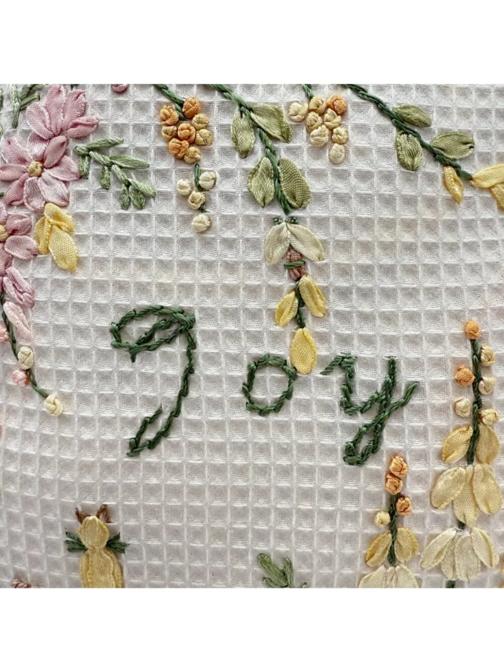 Ribbon Embroidered Throw Pillow Joy Floral Cat Ruffled Edge Cottagecore 9 In